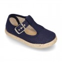 LINEN canvas T-Strap shoes espadrille style with buckle fastening.