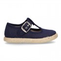 LINEN canvas T-Strap shoes espadrille style with buckle fastening.