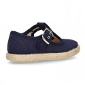 LINEN canvas T-Strap shoes espadrille style with buckle fastening.