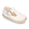 LINEN canvas T-Strap shoes espadrille style with buckle fastening.