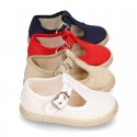 LINEN canvas T-Strap shoes espadrille style with buckle fastening.