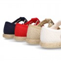 LINEN canvas T-Strap shoes espadrille style with buckle fastening.