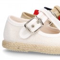 LINEN canvas T-Strap shoes espadrille style with buckle fastening.