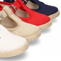 LINEN canvas T-Strap shoes espadrille style with buckle fastening.