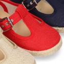 LINEN canvas T-Strap shoes espadrille style with buckle fastening.