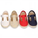 LINEN canvas T-Strap shoes espadrille style with buckle fastening.