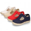 LINEN canvas T-Strap shoes espadrille style with buckle fastening.