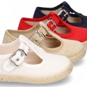 LINEN canvas T-Strap shoes espadrille style with buckle fastening.