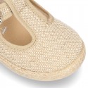 LINEN canvas T-Strap shoes espadrille style with buckle fastening.