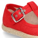 LINEN canvas T-Strap shoes espadrille style with buckle fastening.