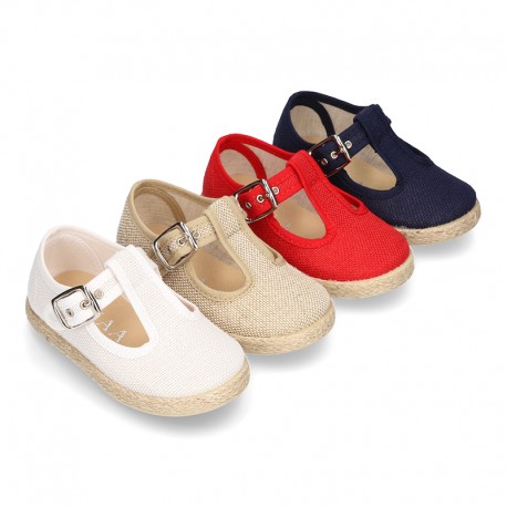 LINEN canvas T-Strap shoes espadrille style with buckle fastening.