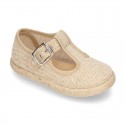 LINEN canvas T-Strap shoes espadrille style with buckle fastening.