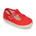 LINEN canvas T-Strap shoes espadrille style with buckle fastening.