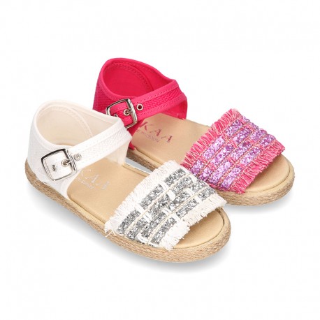 Little SANDAL shoes espadrille style in metal linen canvas.