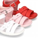 Washable leather sandal shoes with crossed strips and FLOWER for little girls.