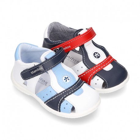 Combined Washable leather Sandal shoes for little kids with velcro strap and EXTRA FLEXIBLE outsole.