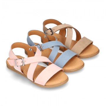 NOBUCK leather sandals with crossed rear straps for toddler girls.