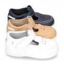 Washable leather Sandal shoes Boat style sandal with velcro strap for kids.