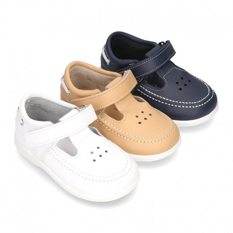 Washable leather Sandal shoes Boat style sandal with velcro strap for kids.