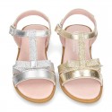 Metal Nappa Leather Sandal shoes with bow and shiny effects for toddler girls.