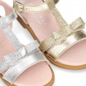 Metal Nappa Leather Sandal shoes with bow and shiny effects for toddler girls.