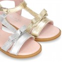 Metal Nappa Leather Sandal shoes with bow and shiny effects for toddler girls.