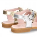 Metal Nappa Leather Sandal shoes with bow and shiny effects for toddler girls.