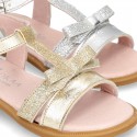Metal Nappa Leather Sandal shoes with bow and shiny effects for toddler girls.