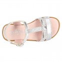 Metal Nappa Leather Sandal shoes with bow and shiny effects for toddler girls.