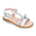 Metal Nappa Leather Sandal shoes with bow and shiny effects for toddler girls.