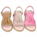 Suede Leather Sandal shoes with tassels for toddler girls.