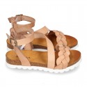 New Cowhide leather sandal shoes with braided design and buckle closure to the ankle.