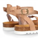 New Cowhide leather sandal shoes with braided design and buckle closure to the ankle.