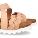 New Cowhide leather sandal shoes with braided design and buckle closure to the ankle.