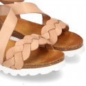 New Cowhide leather sandal shoes with braided design and buckle closure to the ankle.