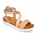 New Cowhide leather sandal shoes with braided design and buckle closure to the ankle.