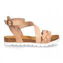 New Cowhide leather sandal shoes with braided design and buckle closure to the ankle.