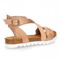 New Cowhide leather sandal shoes with braided design and buckle closure to the ankle.