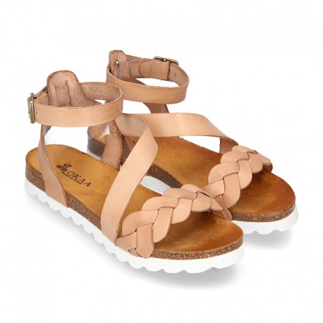 New Cowhide leather sandal shoes with braided design and buckle closure to the ankle.