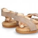 Suede leather sandal shoes to dress with ties crossed design for girls.