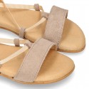 Suede leather sandal shoes to dress with ties crossed design for girls.