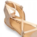 Suede leather sandal shoes to dress with ties crossed design for girls.
