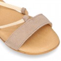 Suede leather sandal shoes to dress with ties crossed design for girls.