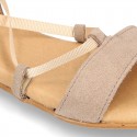 Suede leather sandal shoes to dress with ties crossed design for girls.