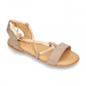 Suede leather sandal shoes to dress with ties crossed design for girls.