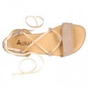 Suede leather sandal shoes to dress with ties crossed design for girls.