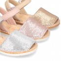 EXTRA SOFT leather Menorquina sandals with velcro strap and sequins design.