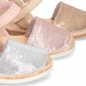 EXTRA SOFT leather Menorquina sandals with velcro strap and sequins design.