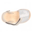 EXTRA SOFT leather Menorquina sandals with velcro strap and sequins design.