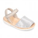 EXTRA SOFT leather Menorquina sandals with velcro strap and sequins design.